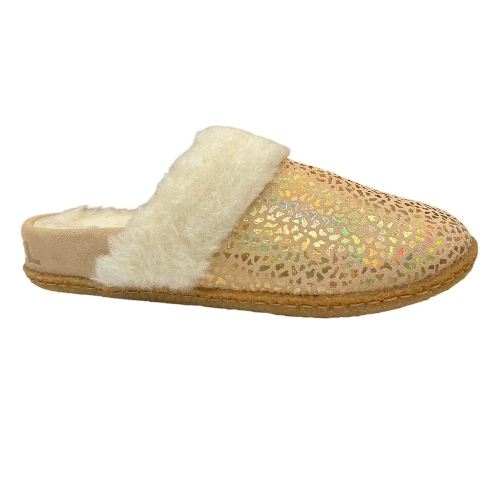 SOREL Nakiska Youth Girls Faux Fur Slippers Size 3 Tan- Gold Animal Print Warm‎